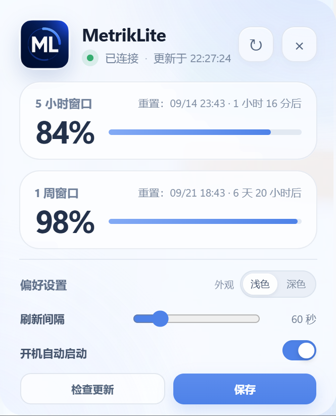 MetrikLite 软件真实浅色面板截图